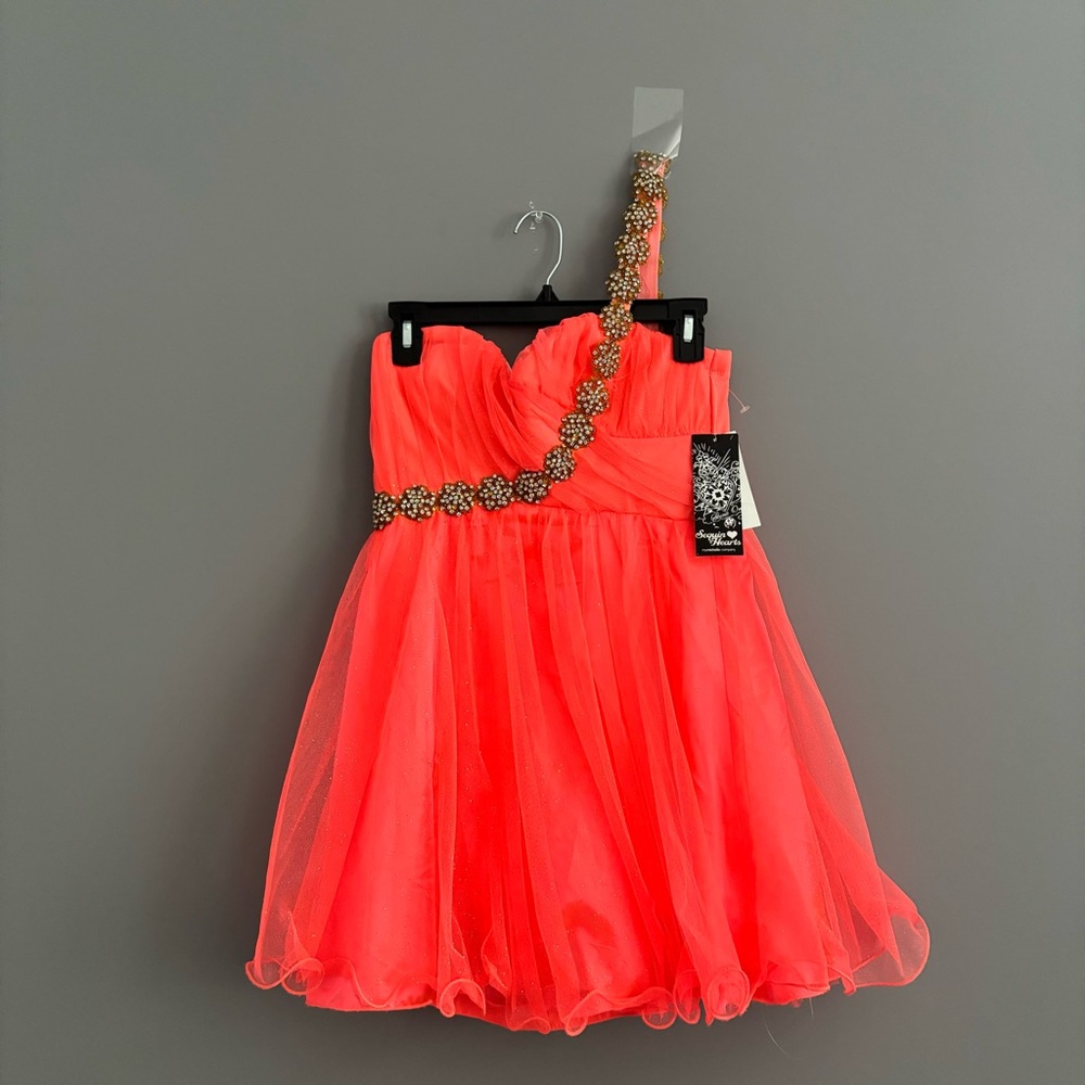 NWT Sequin Hearts Size 9 Pink Sparkly Padded One Shoulder Prom Formal Mini Dress
